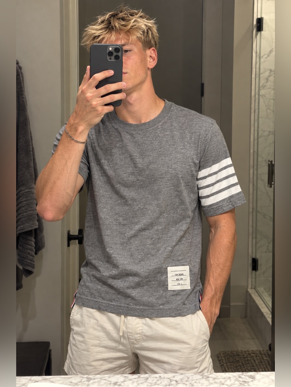 Thom Browne Gray Short-Sleeve Crewneck with White Sleeve Stripes